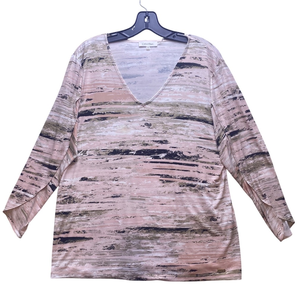 Calvin Klein Shirt Womens Extra Large Stretchy Wrap Flowy Sleeves Pink Abstract‎